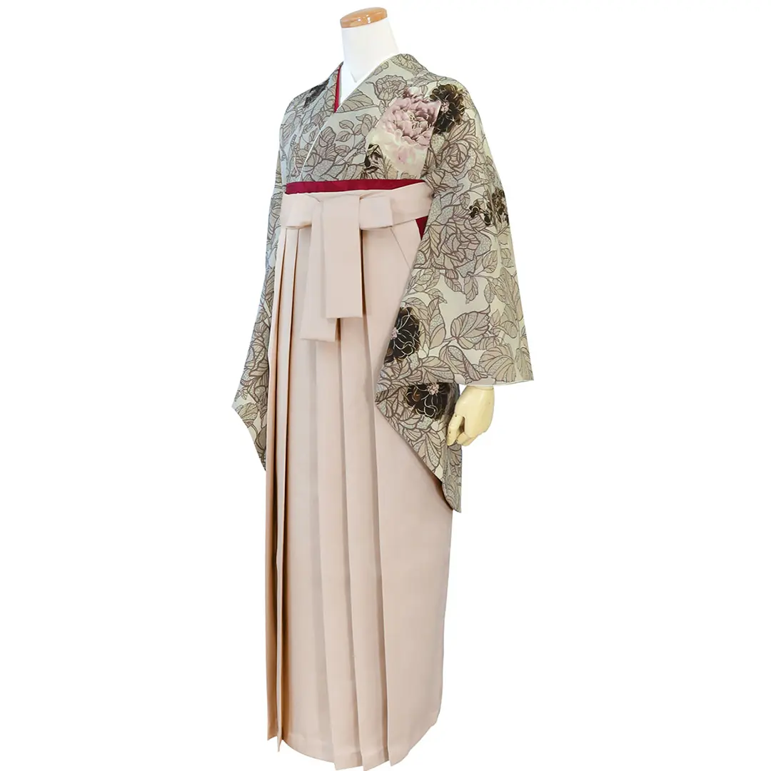 クリームと黒地に水玉の七宝文・赤黒袴（切り替え） （二尺袖）／卒業式 全身・サイド