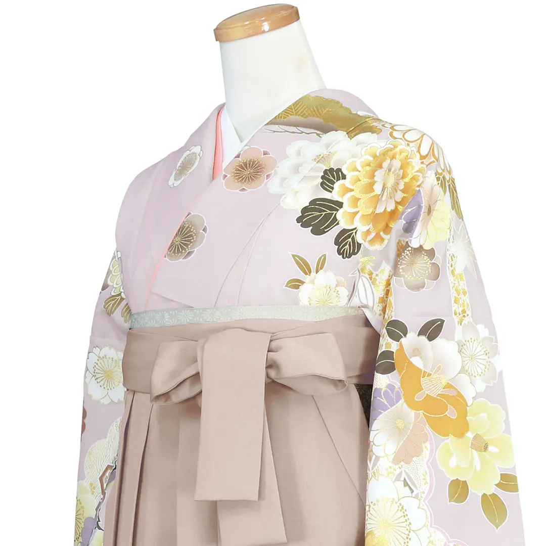 薄紅藤の地に流水と杜若と花・グレージュ袴（無地） （二尺袖）／卒業式／斜め詳細