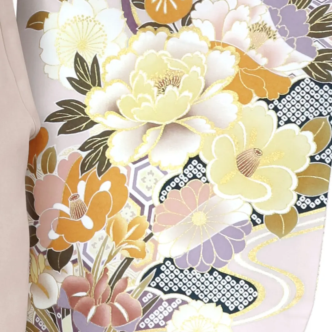 薄紅藤の地に流水と杜若と花・グレージュ袴（無地） （二尺袖）／卒業式／柄詳細