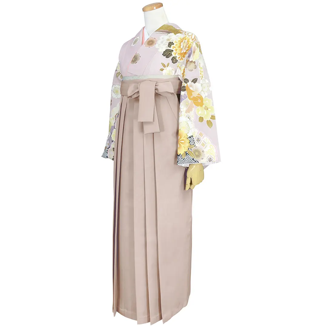 薄紅藤の地に流水と杜若と花・グレージュ袴（無地） （二尺袖）／卒業式／斜め