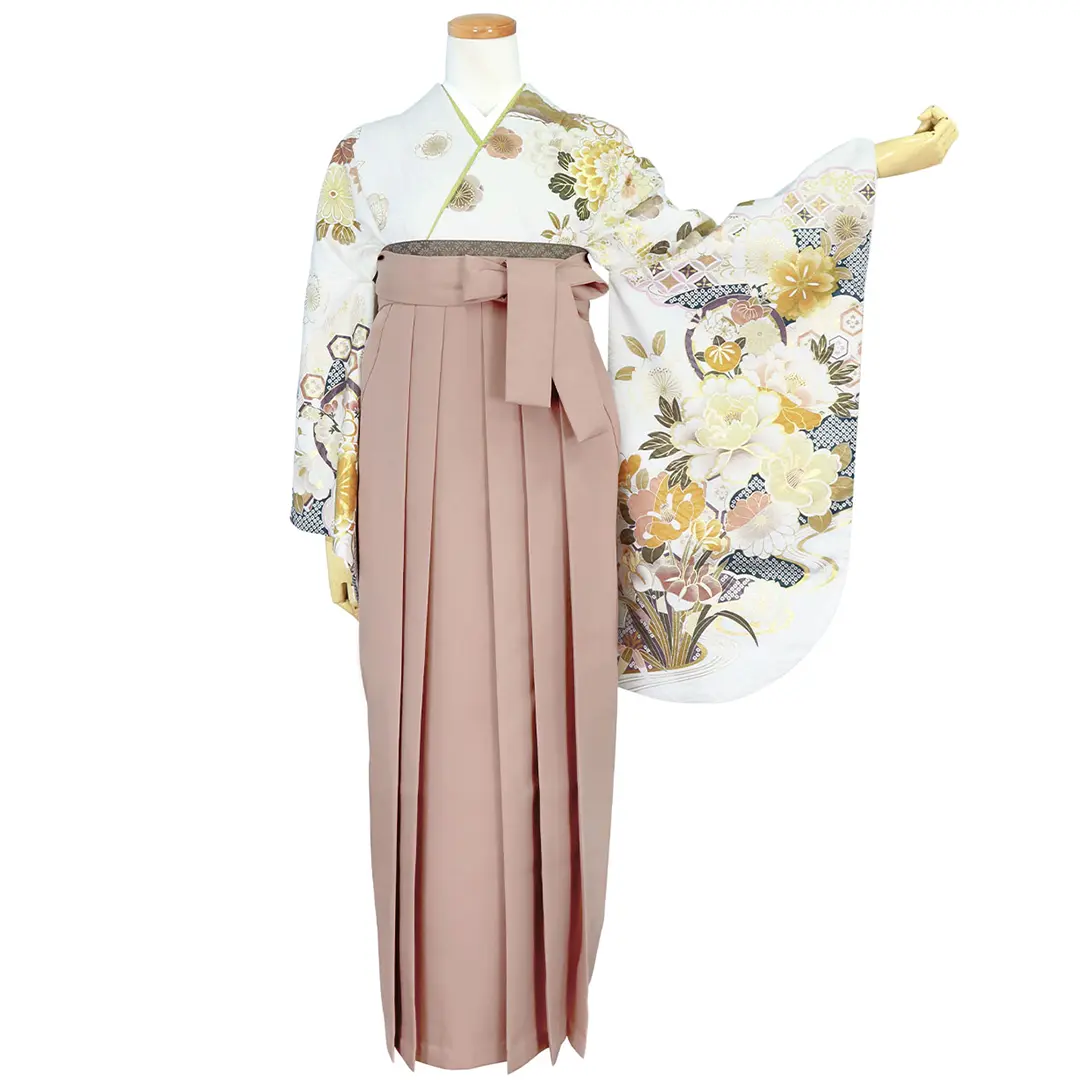 白地に流水と杜若と花・モカ袴（無地） （二尺袖）／卒業式／正面