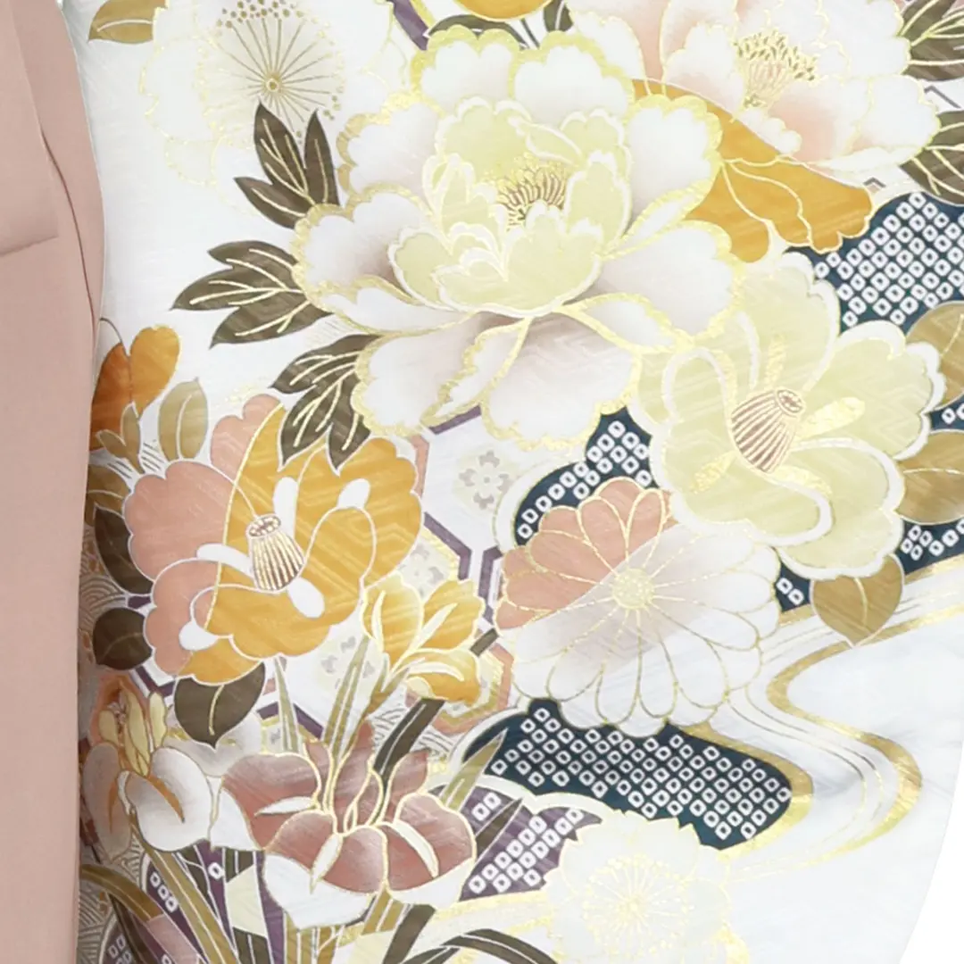 白地に流水と杜若と花・モカ袴（無地） （二尺袖）／卒業式／柄詳細