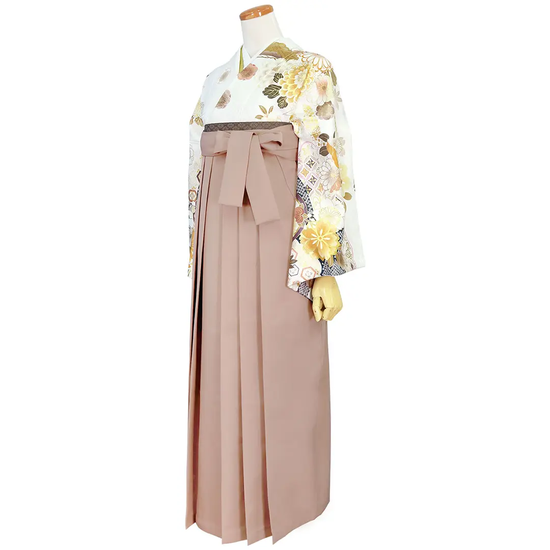 白地に流水と杜若と花・モカ袴（無地） （二尺袖）／卒業式／斜め