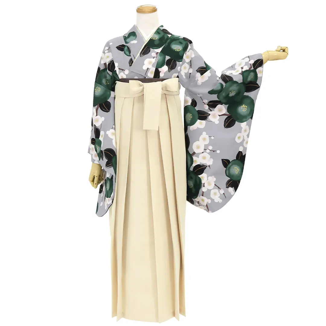 グレー地に緑椿と梅・アイボリー袴（無地） （二尺袖）／卒業式