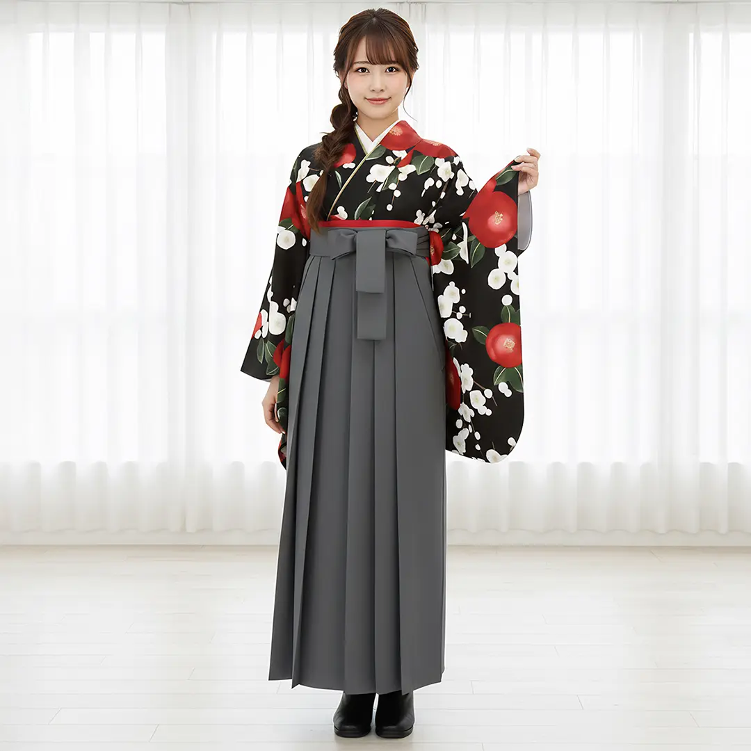 卒業式袴レンタル／黒地に赤椿と梅・墨色袴（無地） （二尺袖）／卒業