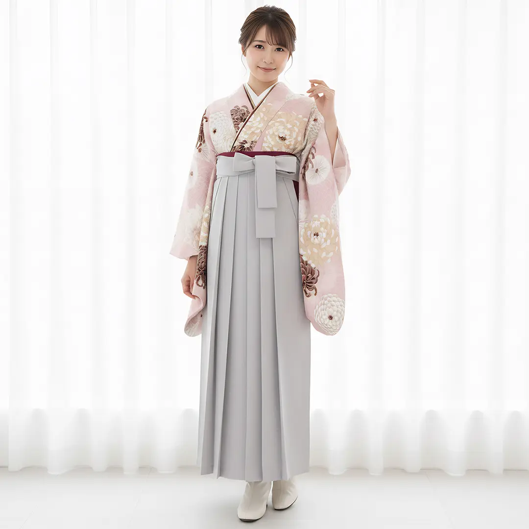 くすみピンク地に菊尽くし・ライトグレー袴（無地） （二尺袖）／卒業