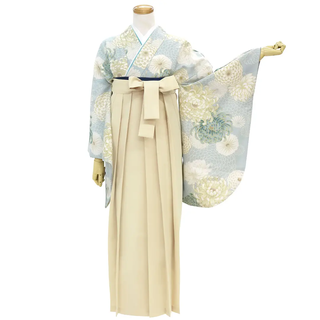 くすみブルー地に菊尽くし・アイボリー袴（無地） （二尺袖）／卒業式