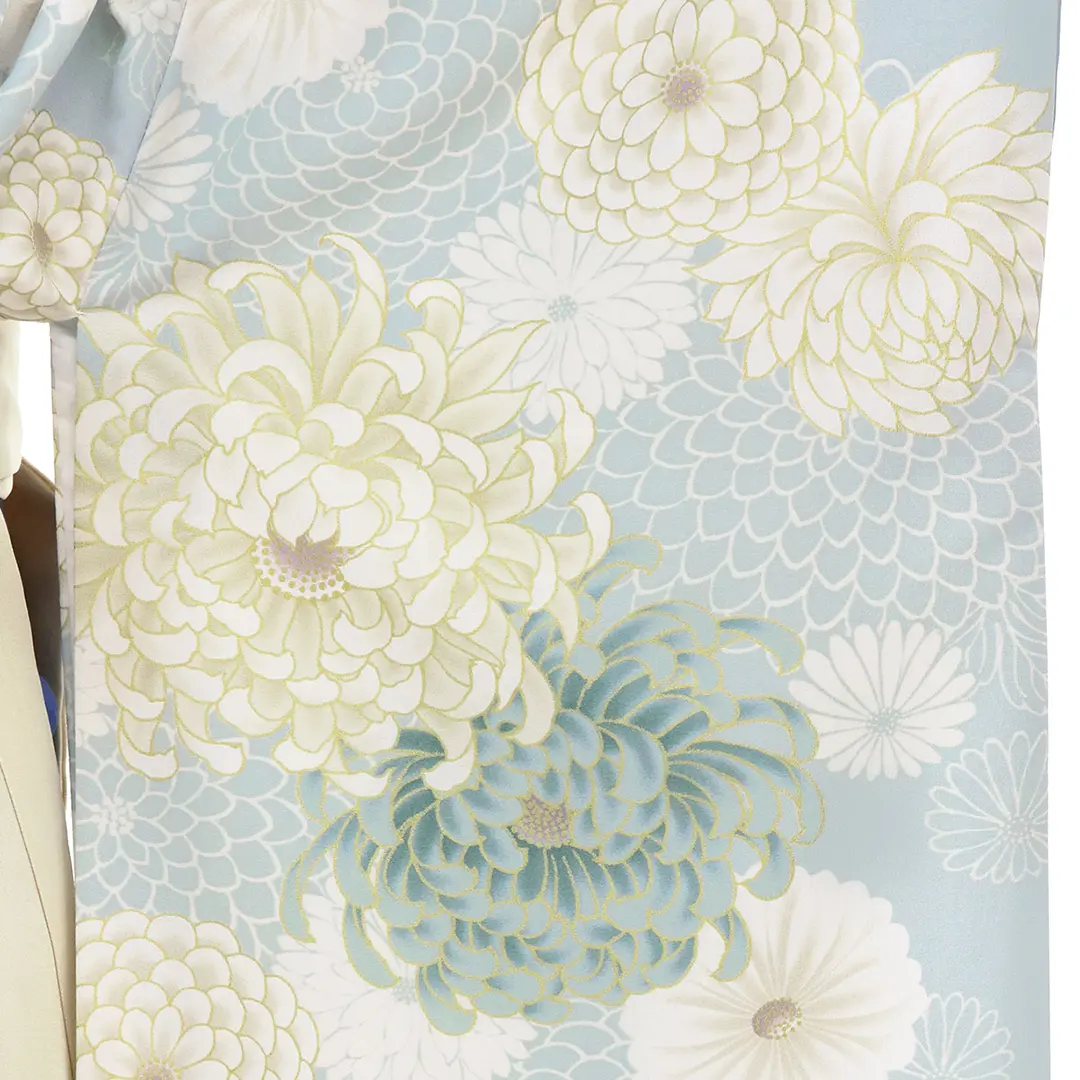 くすみブルー地に菊尽くし・アイボリー袴（無地） （二尺袖）／卒業式 袖詳細