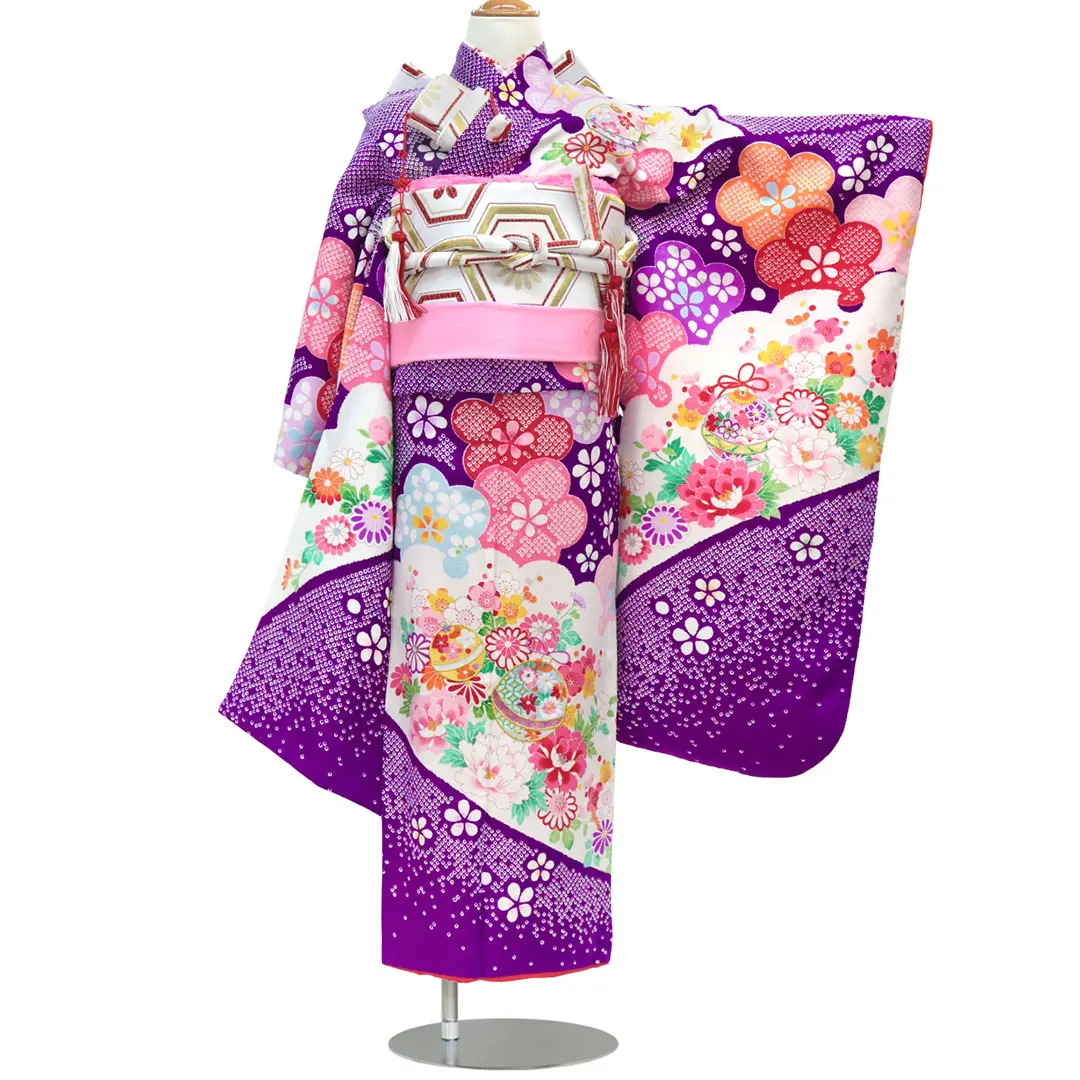 紫地に花と鈴 疋田柄／七五三・七歳女の子 | 宅配着物レンタルの京都か