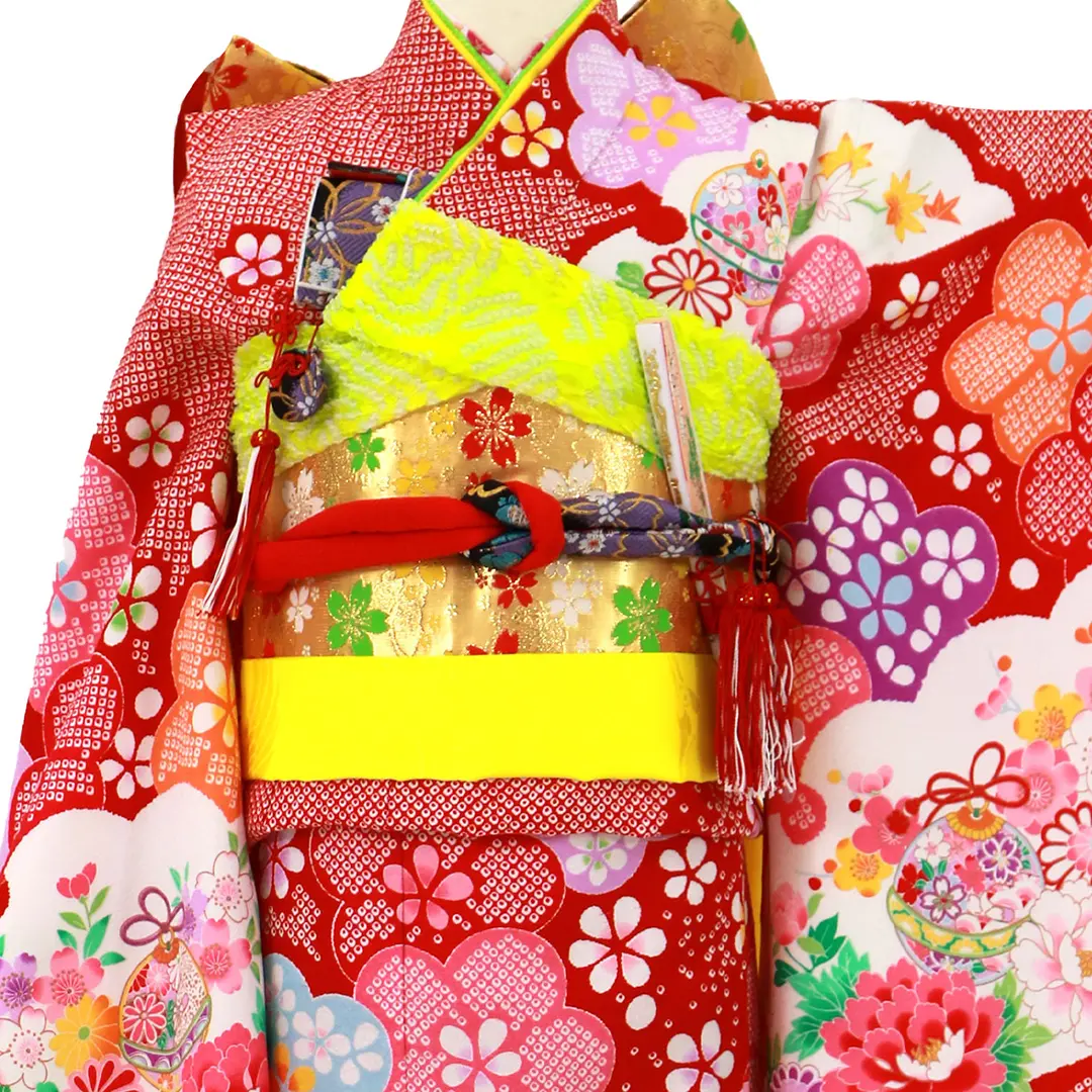 赤地に花と鈴 疋田柄の着物／七五三・七歳女の子 | 宅配着物レンタルの