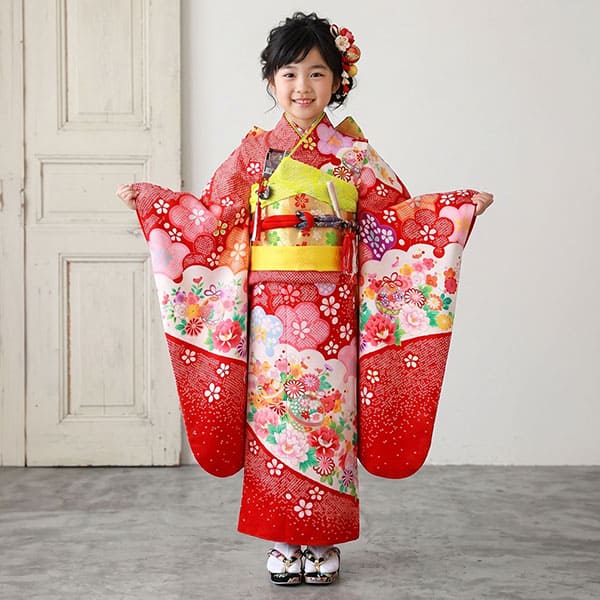 赤地に花と鈴 疋田柄の着物／七五三・七歳女の子 | 宅配着物レンタルの