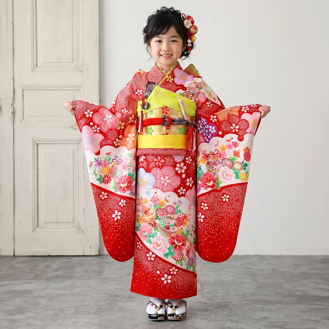 赤地に花と鈴 疋田柄の着物／七五三・七歳女の子 | 宅配着物レンタルの