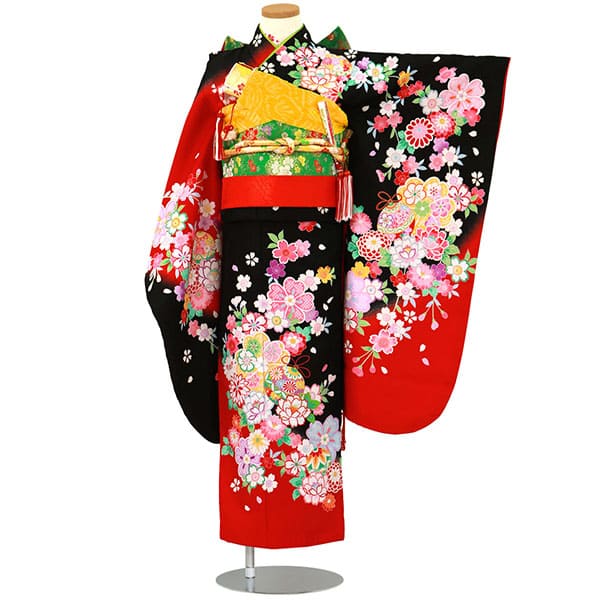 赤と黒に桜と鈴の着物／七五三・七歳女の子 | 宅配着物レンタルの京都