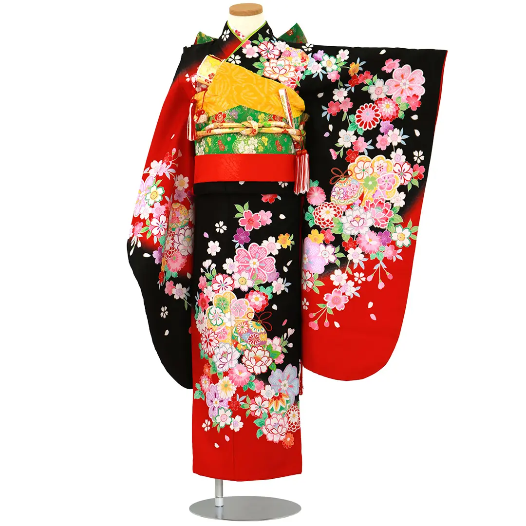 赤と黒に桜と鈴の着物／七五三・七歳女の子 | 宅配着物レンタル