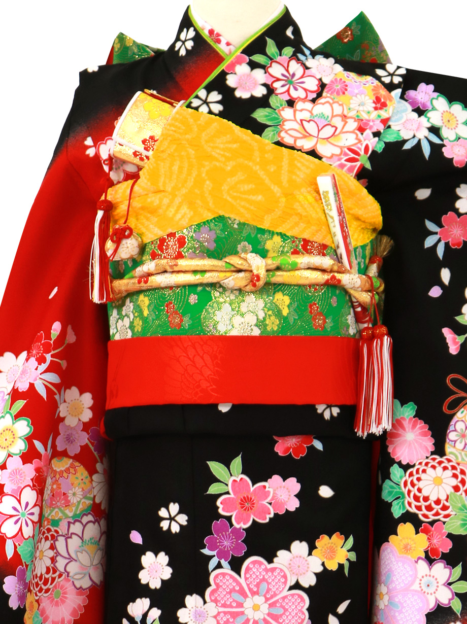 赤と黒に桜と鈴の着物／七五三・七歳女の子｜宅配着物レンタルの京都か ...