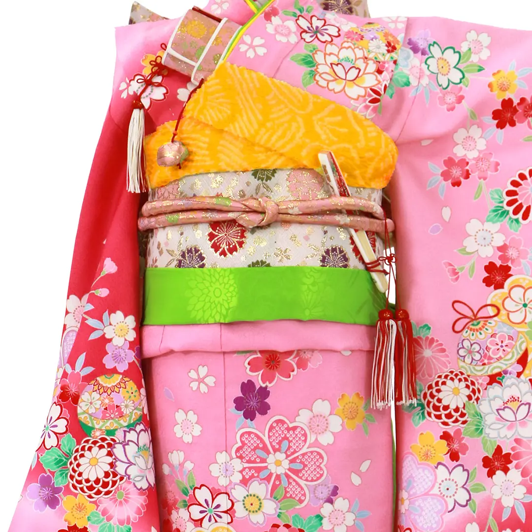 桃色地に桜と鈴の着物／七五三・七歳女の子 | 宅配着物レンタルの京都