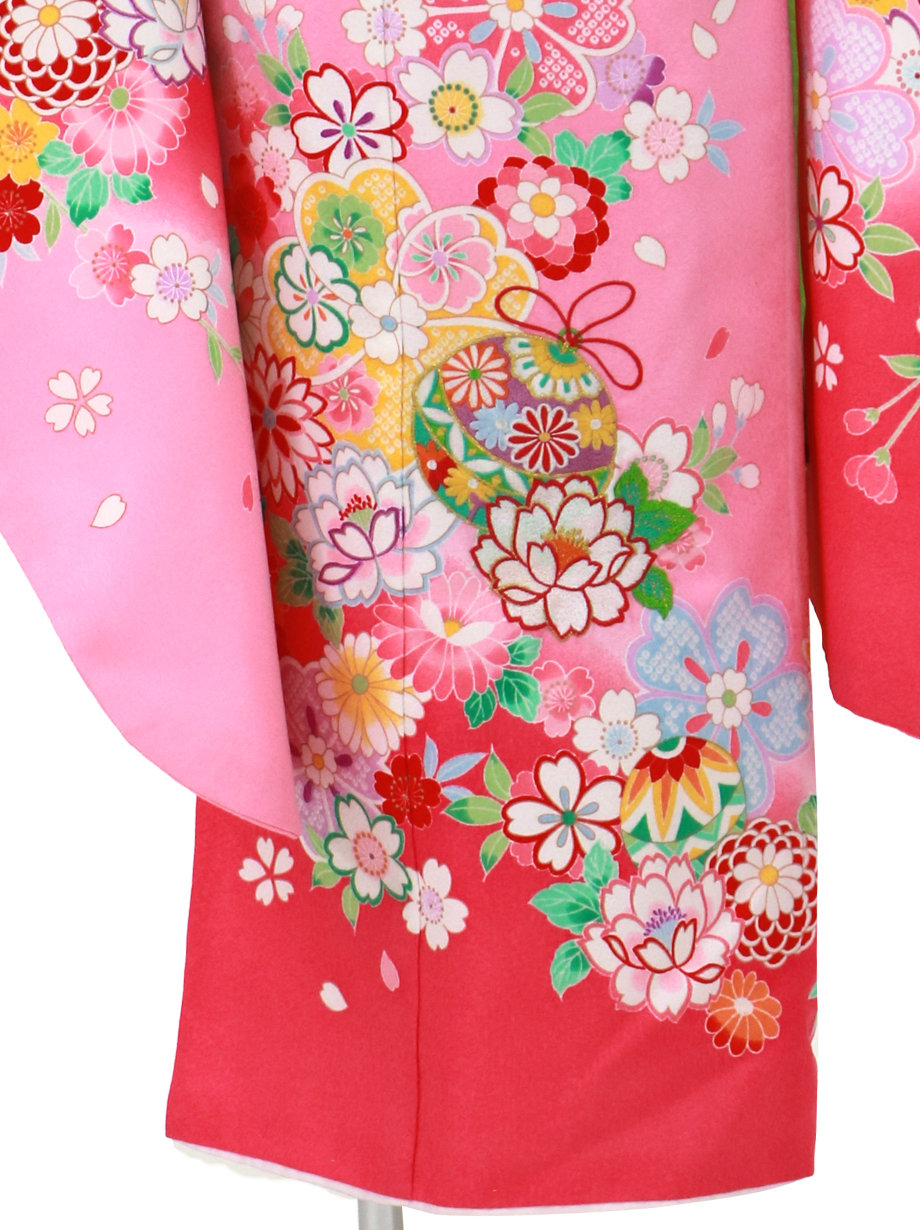桃色地に桜と鈴の着物／七五三・七歳女の子