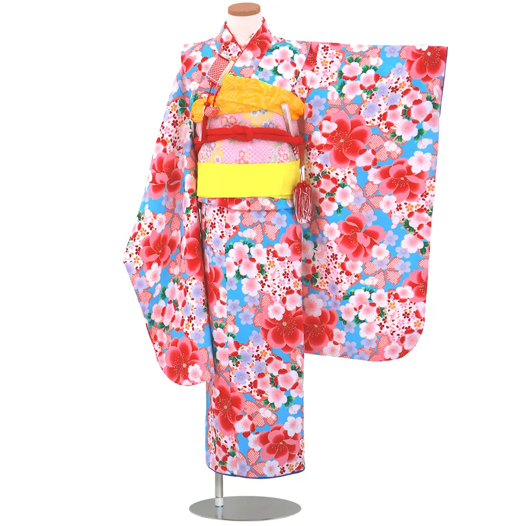 薄ピンク地にカラフルな四季花の着物／七五三・七歳女の子 | 宅配着物