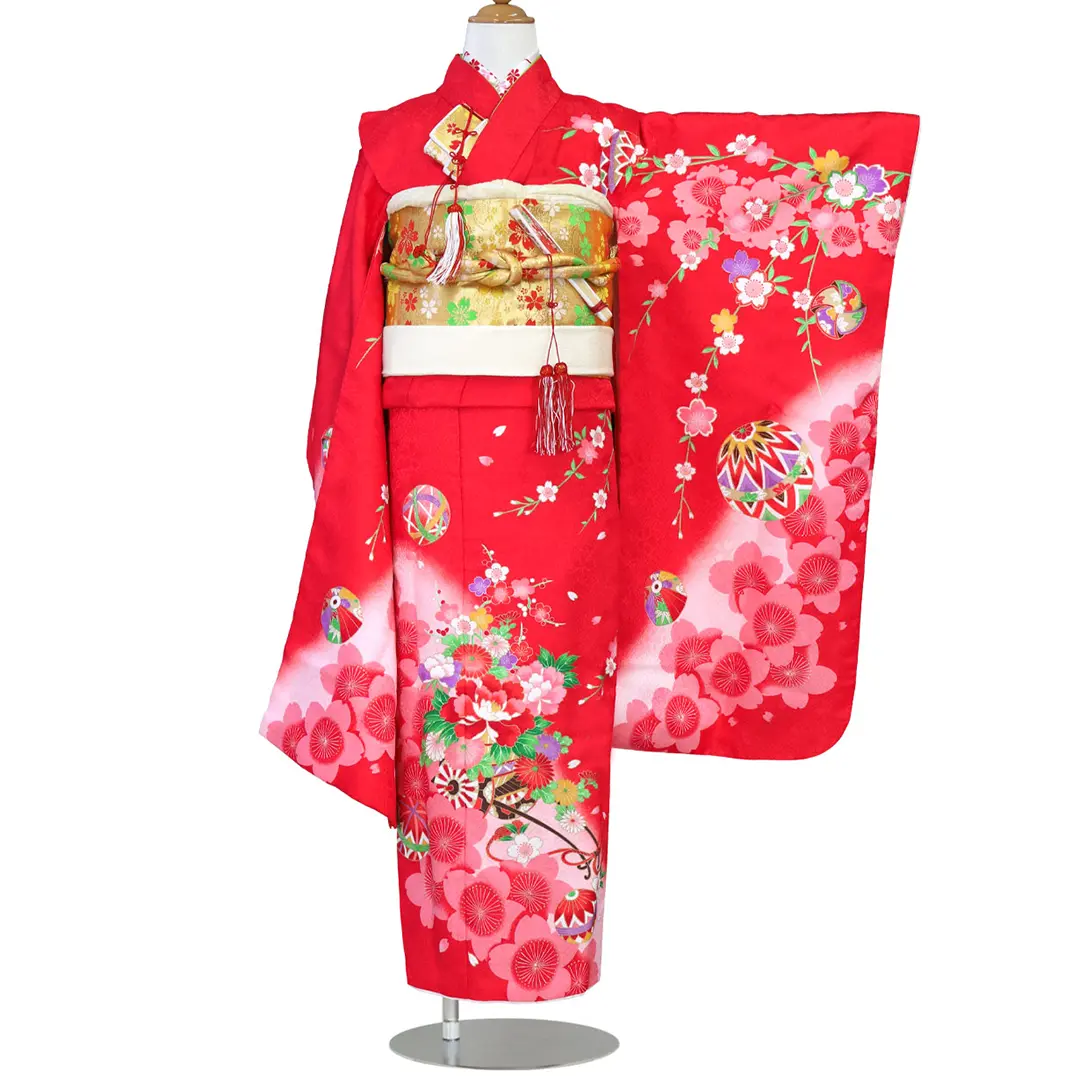 赤地に花車の着物／七五三・七歳女の子／正面