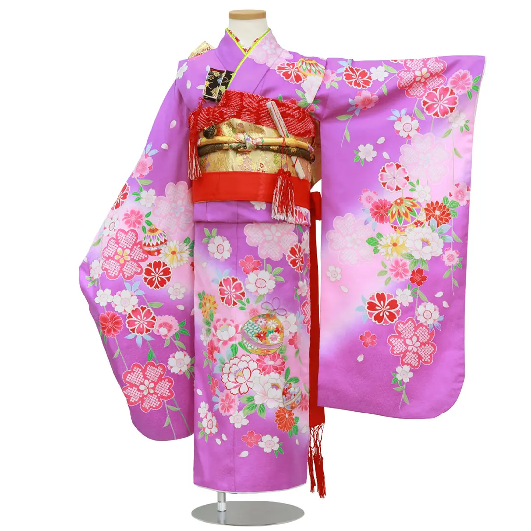 紫地に鈴と牡丹の着物／七五三・七歳女の子 | 宅配着物レンタルの京都