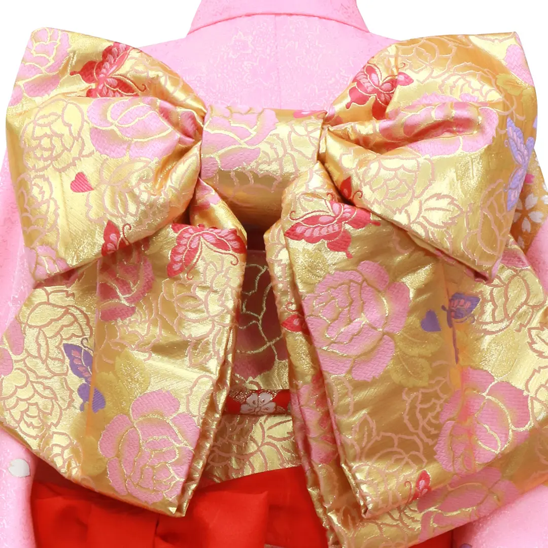 七五三に★明るい黄色に鞠と桜の着物　三歳のお祝い着　髪飾り付き ピンク色に鞠と桜の着物／七五三・七歳女の子 | 宅配着物レンタルの