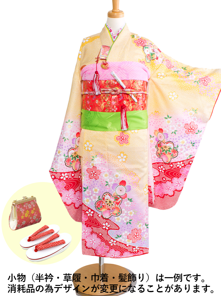 黄色に桜と手鞠の着物／七五三・七歳女の子 | 宅配着物レンタル