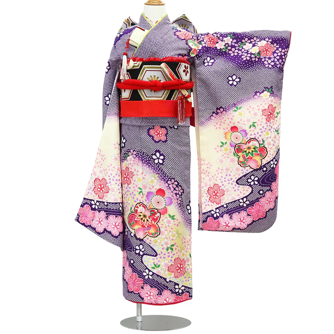 赤色に枝垂れ桜と鈴の着物／七五三・七歳女の子** | 宅配着物