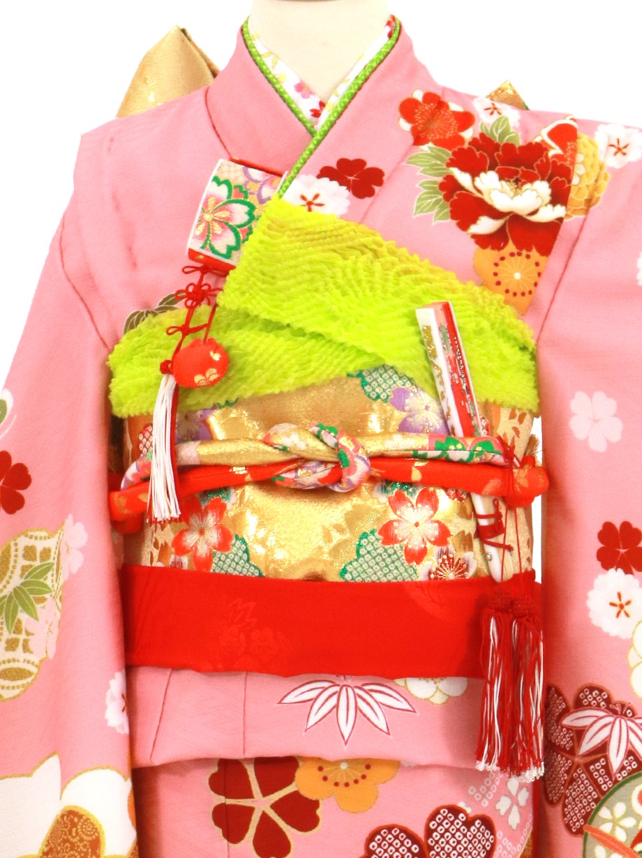 5387◆アンティーク女の子着物時代物ショッキングピンク毱竹牡丹扇おしゃれな逸品 5387◇アンティーク女の子着物時代物ショッキングピンク毱竹牡丹