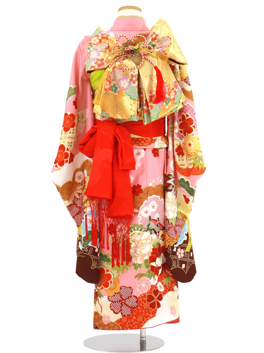 ピンク地に牡丹と扇の着物／七五三・七歳女の子 | 宅配着物