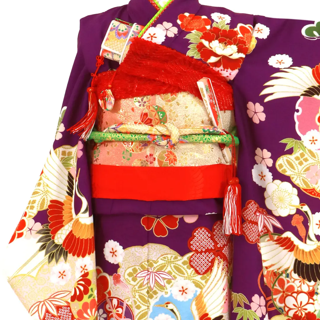 紫地に鶴に牡丹、鼓の着物／七五三・七歳女の子 | 宅配着物レンタルの