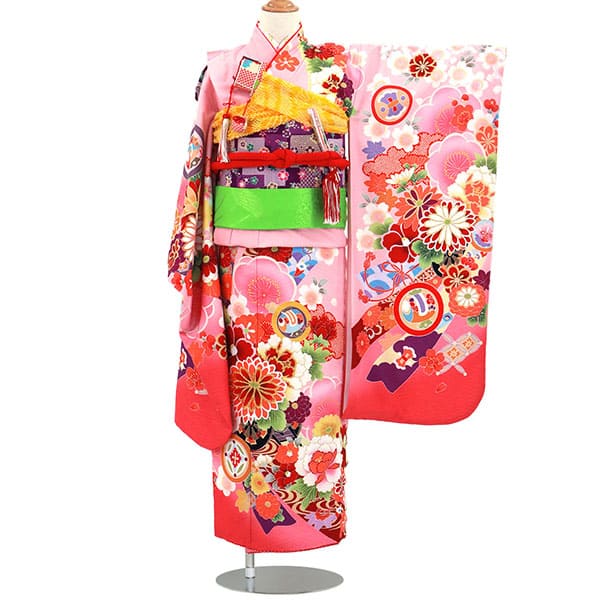 七五三用 赤とピンクの花柄着物 ピンク地に花尽くしと熨斗、鎌倉文の着物／七五三・七歳女の子 | 宅配