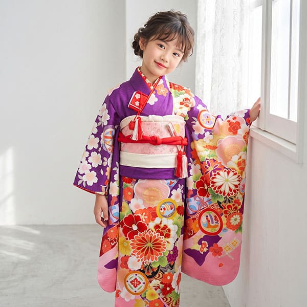 紫地に花尽くしと熨斗、鎌倉文の着物／七五三・七歳女の子 | 宅配着物