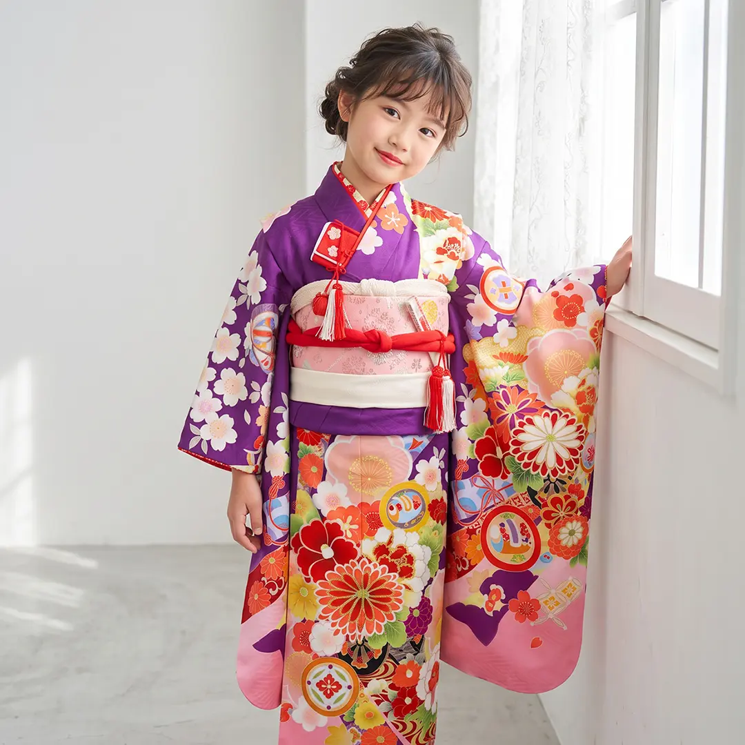 紫地に花尽くしと熨斗、鎌倉文の着物／七五三・七歳女の子 | 宅配着物