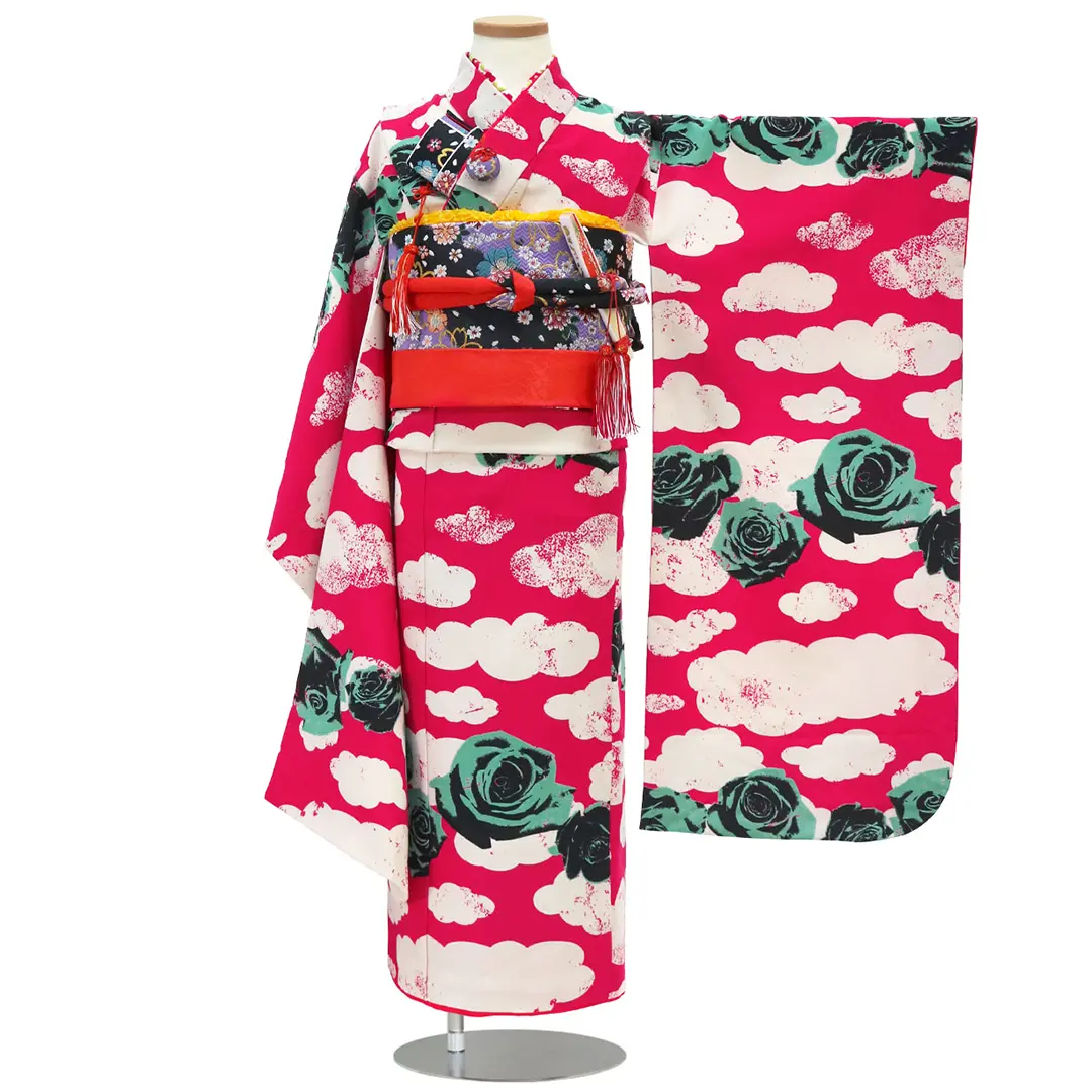 ピンク地に青い薔薇の着物／七五三・七歳女の子／正面