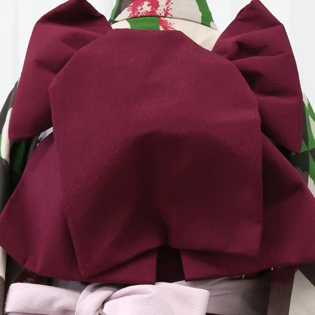 グリーン地にポピーと鱗文（うろこもん）の着物／七五三・七歳女の子／帯