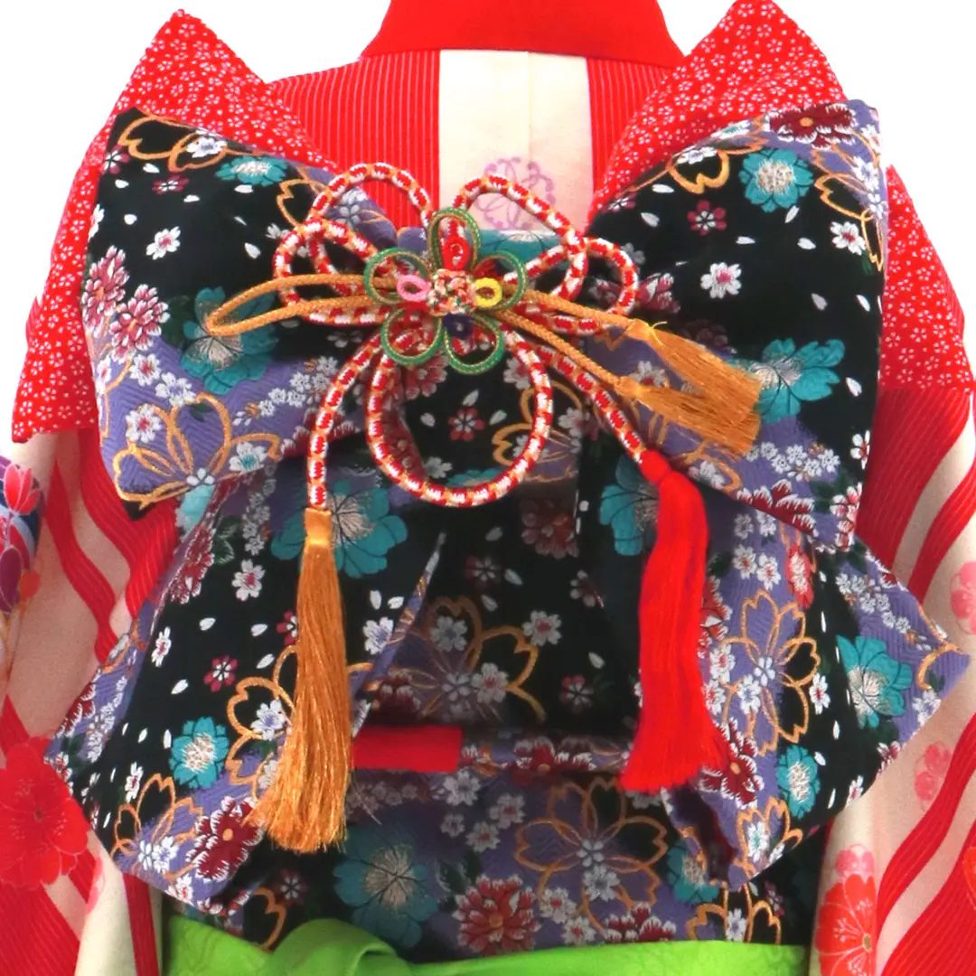 紅白の子持ち縞に花の丸文と吉祥柄の着物／七五三・七歳女の子／帯