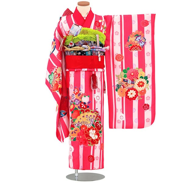 ピンクの子持ち縞に花文様の着物／七五三・七歳女の子 | 宅配着物