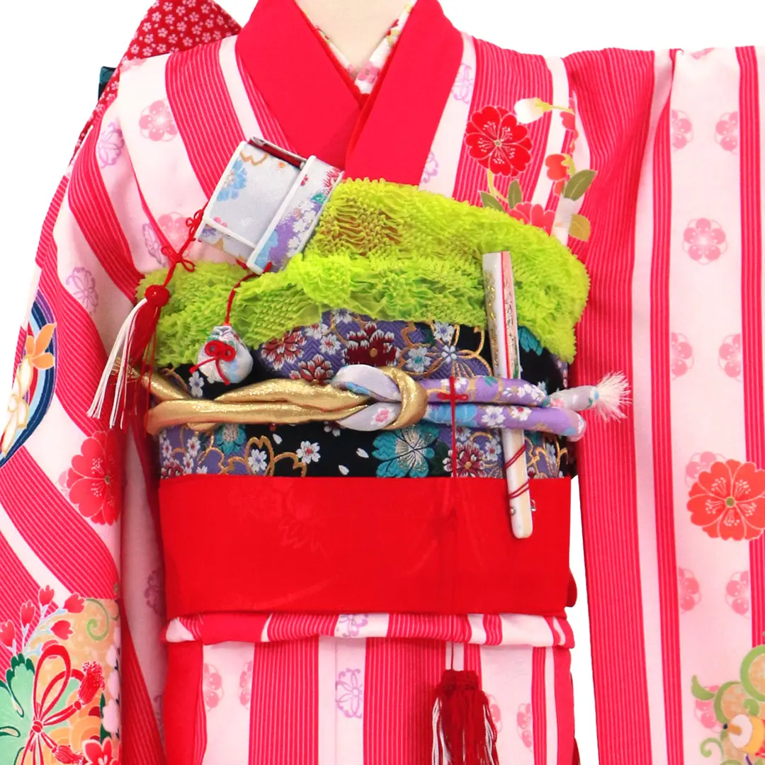 ピンクの子持ち縞に花文様の着物／七五三・七歳女の子 | 宅配着物