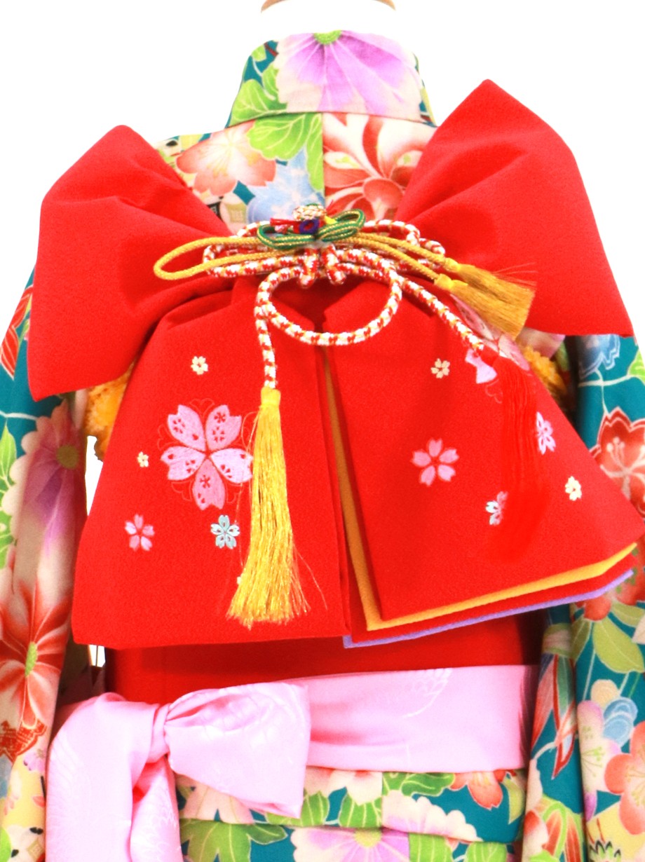 青地に牡丹と扇面、桜楓の着物／七五三・七歳女の子 | 宅配着物