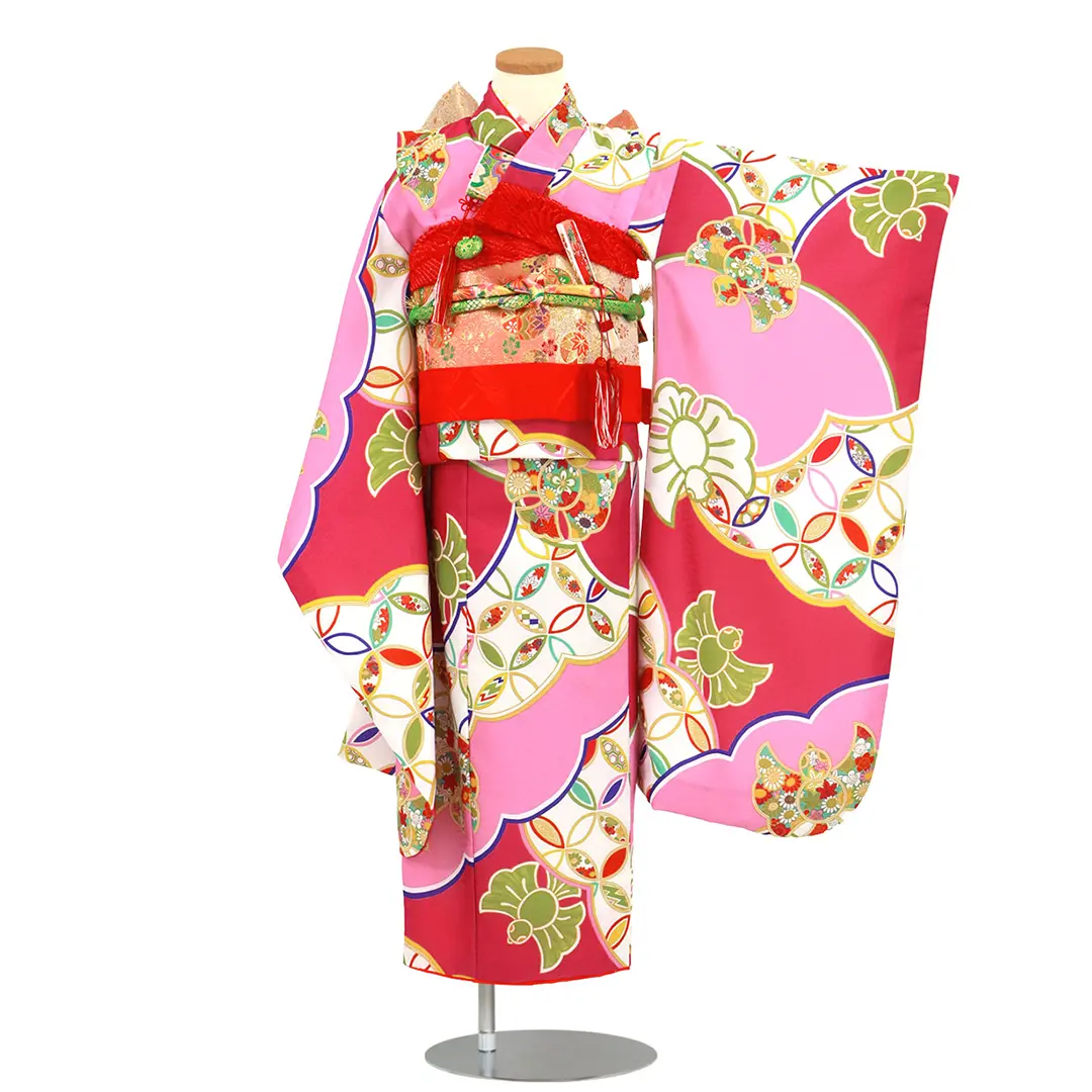 濃い橙色にレトロな臙脂のねじり梅の着物／七五三・七歳女の子 | 宅配
