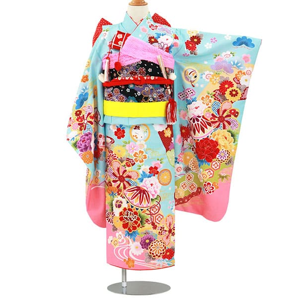 508ag24□七五三 七歳 十三参り 女児 着物&袋帯 縮緬 流水に花□美品 508ag24□七五三 七歳 十三参り 女児 着物&袋帯 縮緬 流水に花