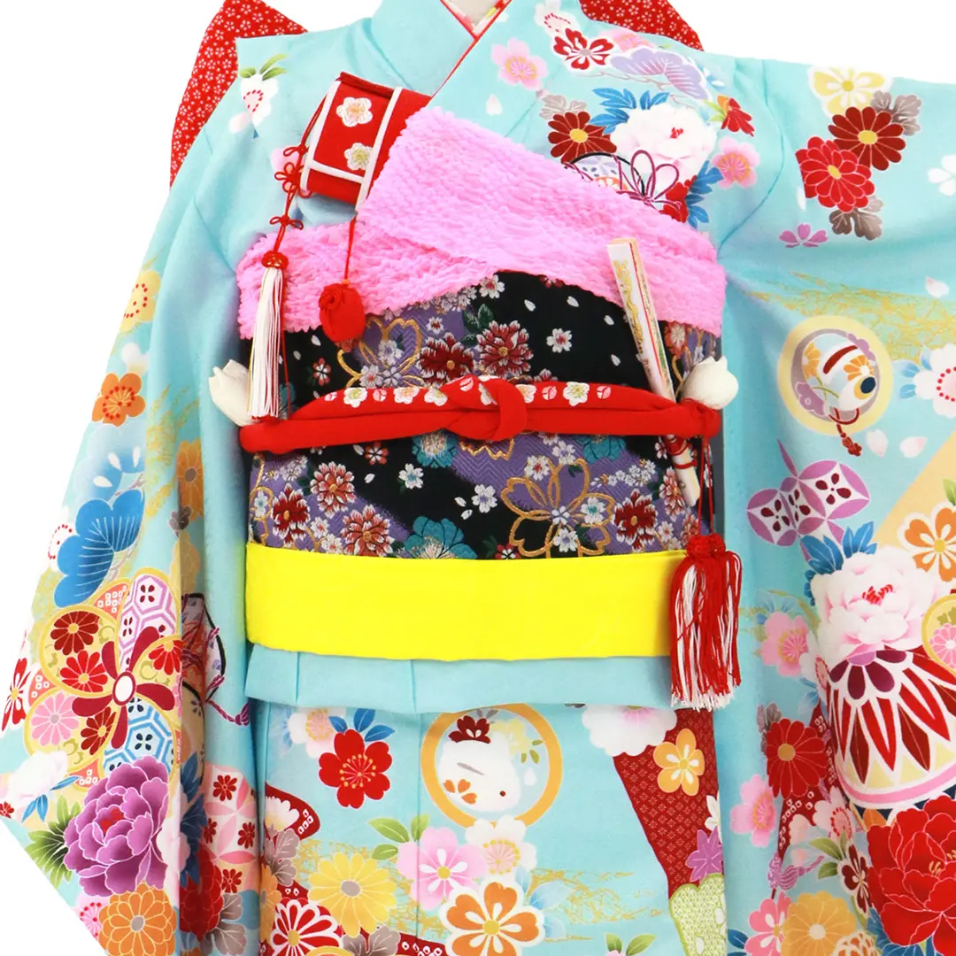 水色地に鞠と花尽くし、流水の着物／七五三・七歳女の子 | 宅配着物