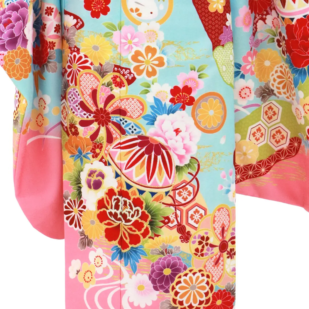 水色地に鞠と花尽くし、流水の着物／七五三・七歳女の子 | 宅配着物