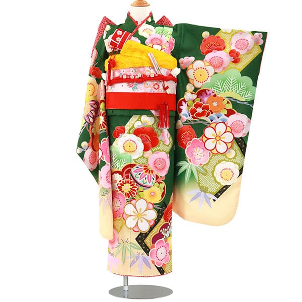 502ag46◎七五三 七歳 女児 アンティーク 鞠梅 着物&丸帯◎ ◎七五三 七歳 女児 アンティーク 鞠梅 着物&丸帯 赤◎ 502ag46