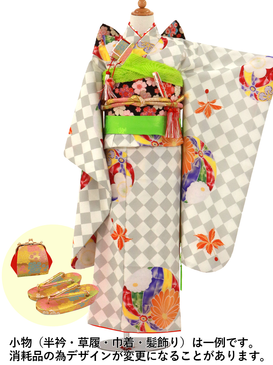 グレーのダイヤに鞠の着物／七五三・七歳女の子