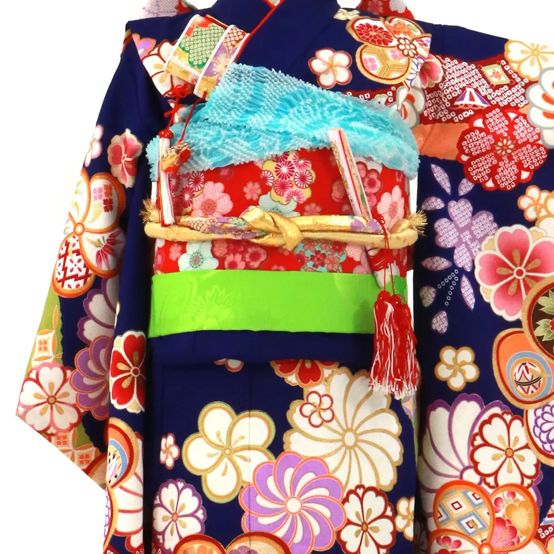 紺藍地にねじり梅の着物／七五三・七歳女の子