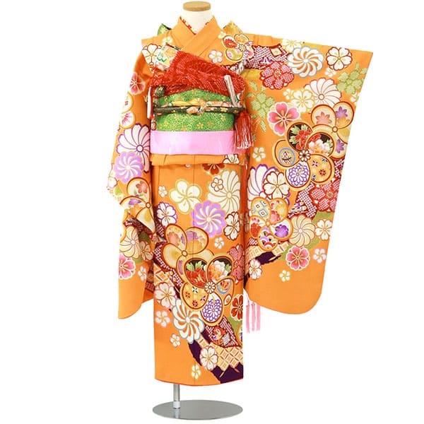 橙色地にねじり梅の着物／七五三・七歳女の子 | 宅配着物レンタルの