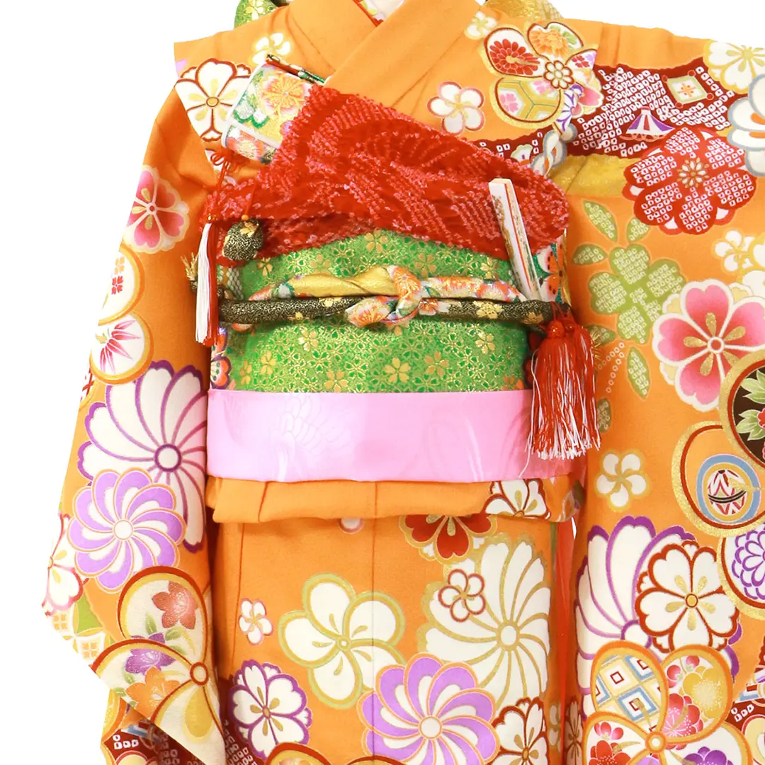 橙色地にねじり梅の着物／七五三・七歳女の子 | 宅配着物レンタルの