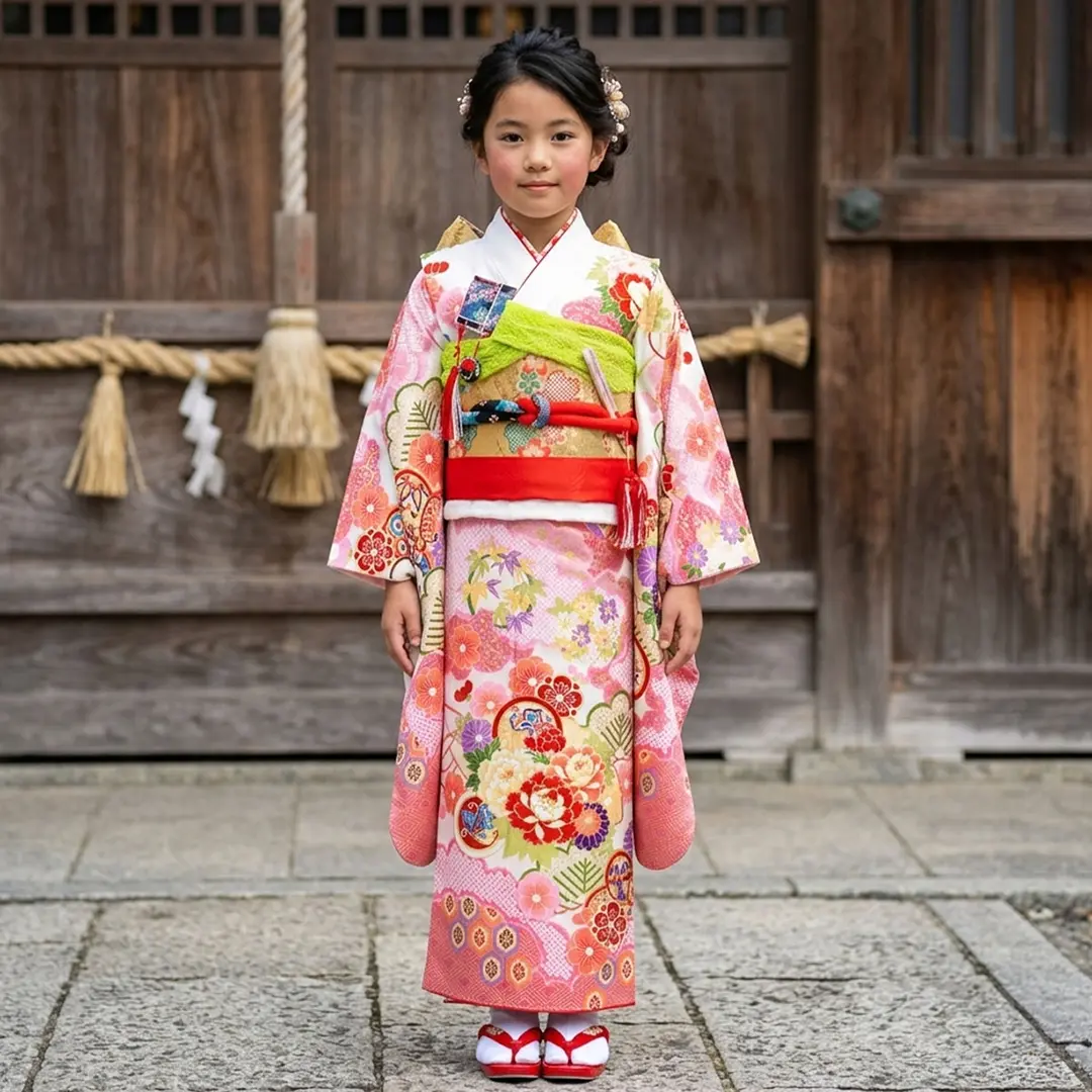 601ag30□七五三 七歳 女児 着物&袋帯 牡丹 桜□状態良好 白地にピンク、牡丹と松の着物／七五三・七歳女の子 | 宅配着物