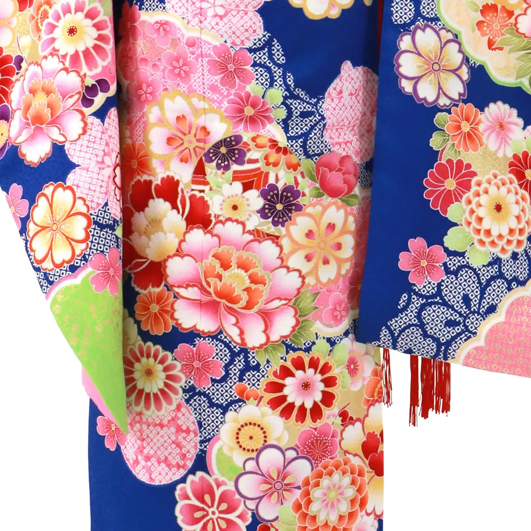 青地に牡丹と雲柄の着物／七五三・七歳女の子 | 宅配着物レンタルの